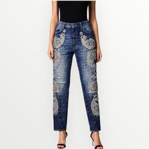 AMEN High-Rise Allover Rhinestone-Embellished Straight-Leg Denim Jeans